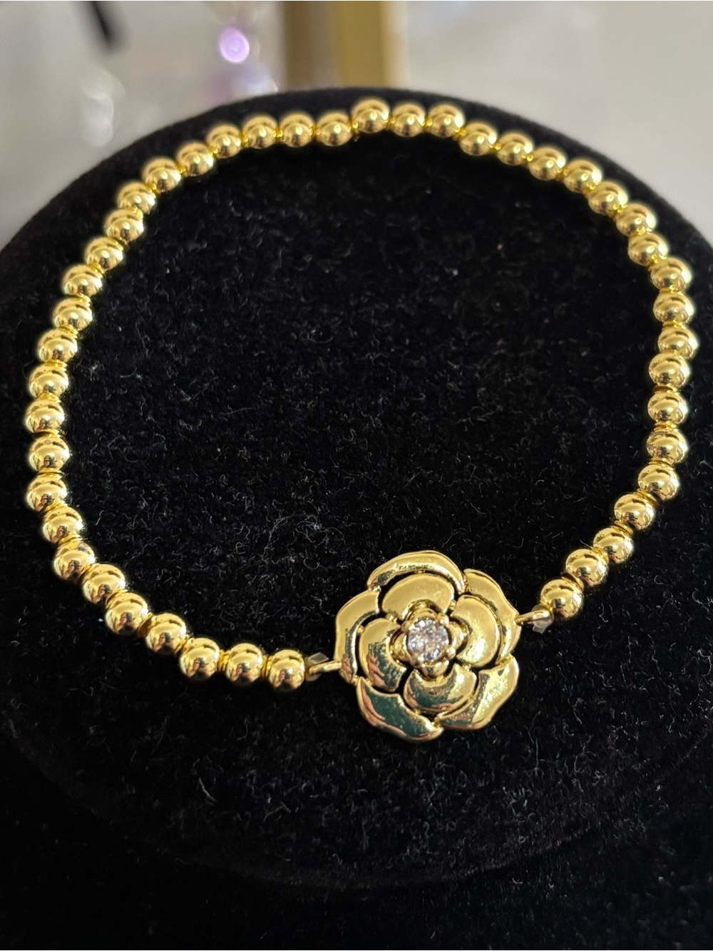 Gold Beaded Flower Bracelet with Center Crystal